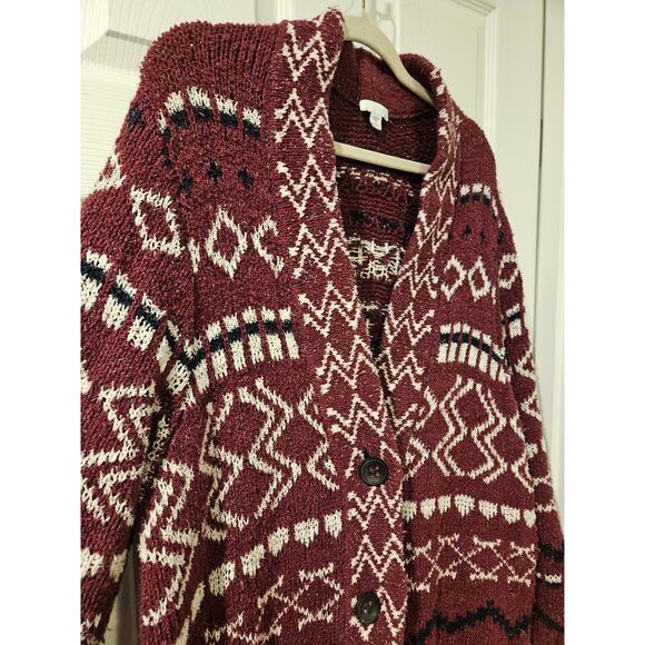 J Jill Cardigan Sweater Port Multi Jacquard Cozy Aztec burgandy size 2X - Picture 2 of 7